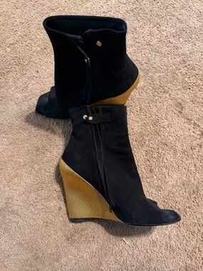 Louis Vuitton Black Suede Peep-Toe Wedge Ankle Boots with Gold Wedge